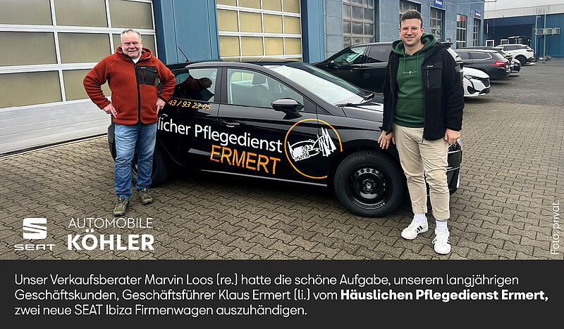 Zwei SEAT Ibiza erweitern den Fuhrpark des Häuslichen Pflegedienstes Ermert in Niederdreisbach.